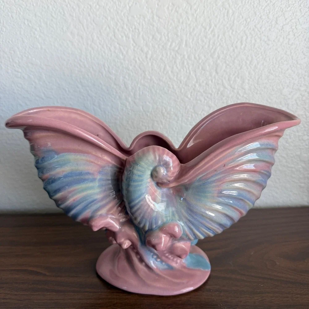 Royal Haeger Royal Hickman Pottery Pink Blue Sea Shell Wing Planter Vase USA MCM